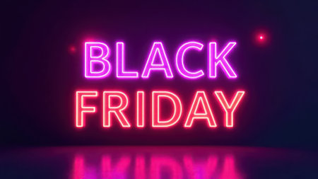 Neon black Friday sign glowing in vibrant purple and red, casting reflections on a dark background, embodying the excitement of shopping, sales, and consumerism during the holiday seasonの素材