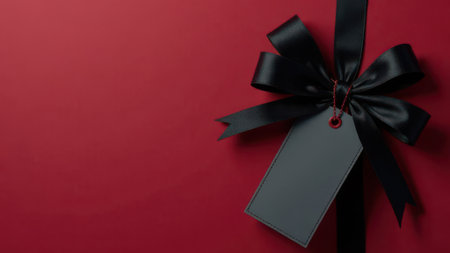 Black satin ribbon elegantly wrapping a blank gray tag on a vibrant red gift box, perfect for christmas, birthdays, valentine's day, or any special celebrationの素材