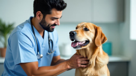 Veterinarian stroking a beautiful golden retriever dog during a medical examination in a veterinary clinic, providing professional healthcare and ensuring the well-being of animalsの素材