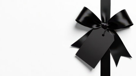 Elegant black ribbon bow with a blank black gift tag hanging from it, creating a luxurious and mysterious atmosphere, perfect for promotions and advertising campaignsの素材