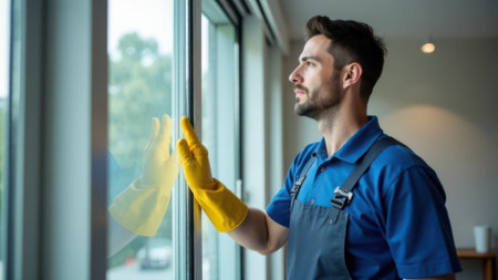 Cleaning service professional wearing yellow gloves and a gray apron over a blue uniform inspecting a freshly washed window for a spotless, streak-free finishの素材