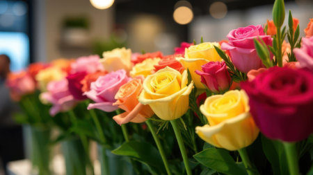 Vibrant array of colorful roses in glass vases creates a stunning floral display, showcasing the beauty and diversity of nature's blossomsの素材
