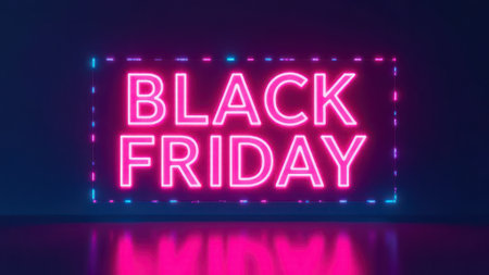 Pink neon black Friday sign glowing in an empty dark room with reflections on the floor creates a vibrant and exciting atmosphere for shopping deals and discountsの素材