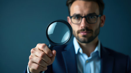 Businessman holding a magnifying glass, focusing on research and investigation while analyzing data, exploring opportunities, and examining challenges in a professional settingの素材