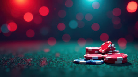 Red, white, and blue poker chips are stacked and scattered on a green felt table, illuminated by colorful bokeh lights, creating a vibrant and exciting casino atmosphereの素材