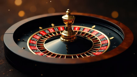 Classic casino roulette wheel spinning with golden ball on dark background, creating an exciting atmosphere of risk, chance, and anticipationの素材