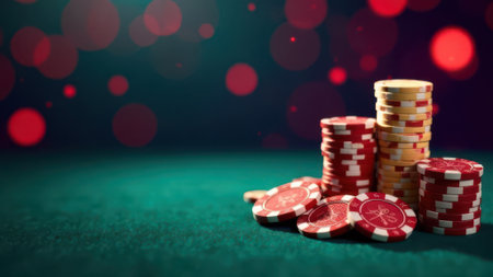 Red, white, and yellow poker chips are stacked high on a green felt table, illuminated by red bokeh lights, creating an exciting casino atmosphere perfect for gambling and games of chanceの素材