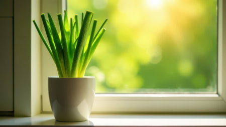 Fresh green onions are growing in a white pot on a windowsill, enjoying the sunlight streaming through the window with a blurred green backgroundの素材