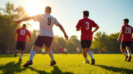 Soccer players running on a green field during a sunset game, wearing numbered jerseys and cleats, competing in a friendly or professional matchの素材
