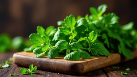 Freshly harvested mint leaves are placed on a rustic wooden cutting board, exuding a vibrant green hue against the dark, textured backdrop, ready for culinary use or enjoymentの素材