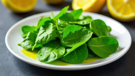 Fresh spinach leaves seasoned with olive oil are served on a white plate, accompanied by citrus fruits, creating a vibrant and healthy culinary sceneの素材