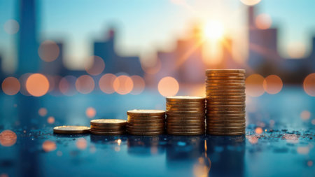 Four stacks of glaming golden coins rising higher symbolize increasing profits, set against a blurred cityscape illuminated by a vibrant sunsetの素材