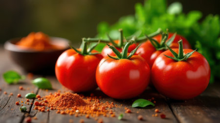 Ripe red tomatoes are sitting on a rustic wooden table, accompanied by fresh basil leaves and sprinkled paprika, creating a vibrant and appetizing sceneの素材