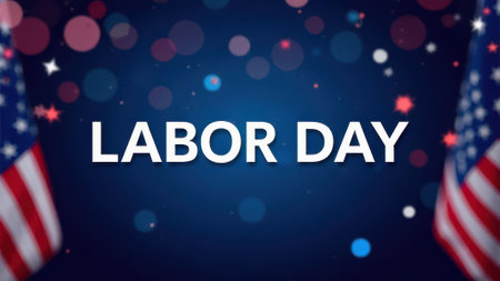 Framing bold white text labor day against a dark blue background, two slightly blurred american flags enhance a festive atmosphere filled with colorful bokeh lights and star shapesの素材