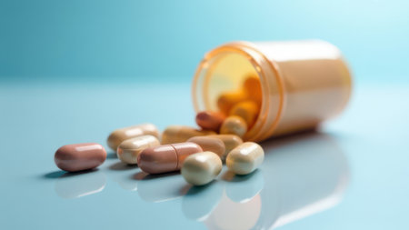 Beige and pink pills spilling from an orange prescription bottle onto a reflective blue surface, creating an appealing arrangement for healthcare themesの素材