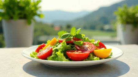 Vibrant salad with fresh tomatoes, lettuce, and basil sits on a table, with a picturesque mountain view in the background, creating a healthy and scenic dining experienceの素材
