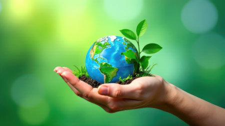 Hand holding a small earth globe with a growing plant symbolizing environmental protection, conservation, and sustainability on a green blurred backgroundの素材