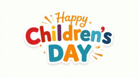 Colorful happy children's day lettering celebrating children, childhood, fun, games, and the importance of nurturing and protecting young ones, promoting happiness and well-beingの素材