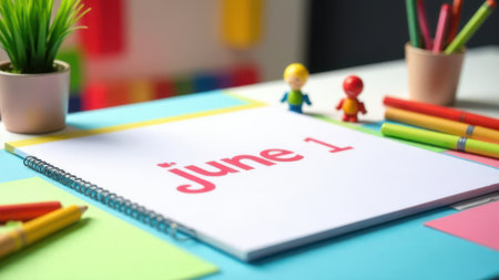 Notebook displaying June 1st surrounded by colorful stationery and toys, celebrating international children's day, a day dedicated to promoting children's well-being and rightsの素材