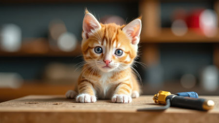 Adorable ginger kitten resting on a wooden workbench with tools, showcasing the charm of pets in a workshop setting, ideal for animal lovers and diy enthusiastsの素材
