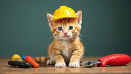 Cute ginger kitten wearing a yellow construction helmet is sitting on a wooden table near colorful markers and pliers, embodying the concept of home renovation and diy projectsの素材