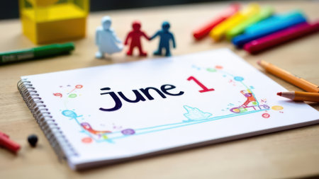 Notebook page featuring june 1st, international children's day, decorated with colorful drawings and surrounded by family figurines and art supplies, celebrating joy and creativityの素材