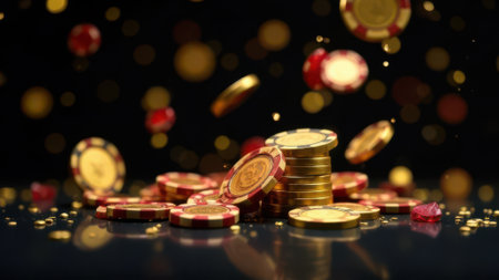 Gold and red casino chips falling around a stack of chips and red gems on a black reflective surface with golden bokeh, creating a dynamic and luxurious gambling atmosphereの素材