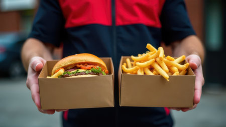 Delivery man wearing red and blue jacket holding two carton boxes, one containing a hamburger with lettuce, tomato, cheese and bacon, and the other one containing French friesの素材