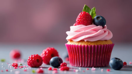 Cupcake with pink cream decorated with raspberry, blueberry and mint leaf, lying on gray table with raspberries, blueberries and decorative sprinkles, with pink and purple backgroundの素材