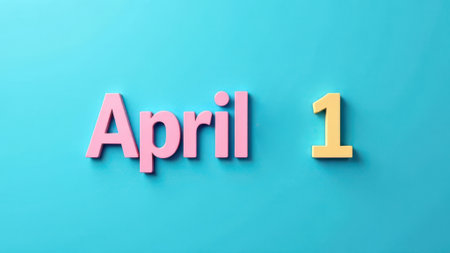 Pink letters spelling april and a yellow number one are displayed on a turquoise background, representing april fool's day, a time for pranks and lighthearted humorの素材