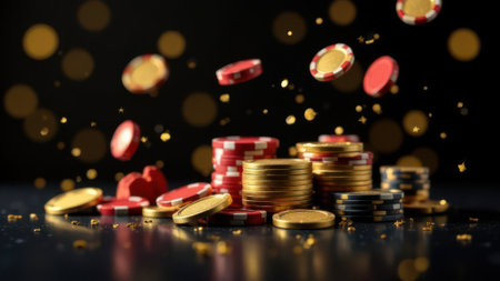 Red, blue and gold casino chips falling and stacked on a black surface with golden confetti, creating a dynamic and exciting gambling atmosphereの素材