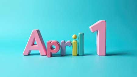 Colorful 3d letters spelling April 1 stand on a vibrant teal background, serving as a playful reminder of April fools' day, a time for lighthearted pranks and humorの素材