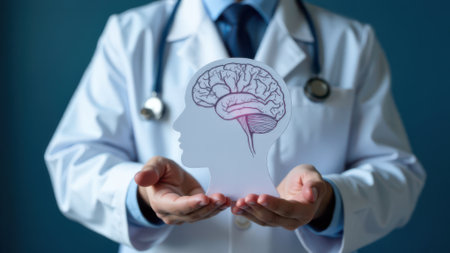 Doctor wearing lab coat and stethoscope is holding a cardboard cutout of a human head silhouette containing a sketch of a brain, promoting awareness of mental health and neurological diseasesの素材
