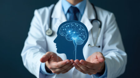 Doctor holding virtual human head and brain, symbolizing brain health, neurology, mental wellness, and cognitive science, against a dark blue backgroundの素材