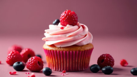Pink cupcake decorated with frosting, raspberries, blueberries and sprinkles, lying on a pink background with more raspberries and blueberries scattered around itの素材