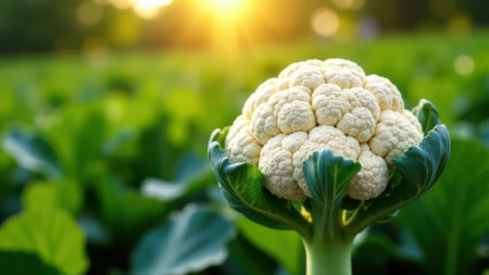 Fresh organic cauliflower growing in a vibrant field at sunset, highlighting the beauty of agriculture and the importance of healthy food production in sustainable farming practicesの素材
