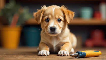 Small brown and white puppy lying on a wooden floor, surrounded by nail clippers, highlighting the importance of pet grooming and care for young, adorable caninesの素材