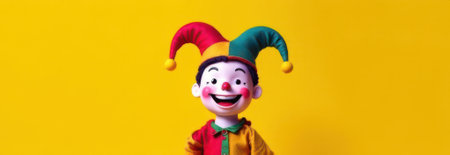 Smiling harlequin puppet wearing a colorful costume and hat stands against a vibrant yellow background, offering ample copy space for text or design elementsの素材