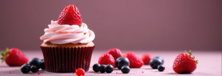 Single cupcake with pink cream and fresh strawberry decoration. Surrounded by various berries on a pink surface. Creating a sweet and inviting scene with ample copy space for text or design elementsの素材