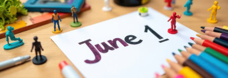 White paper with june 1st written on it, surrounded by colorful miniature toy figurines, pencils, and markers on a wooden table, creating a playful and suggestive scene with copy spaceの素材