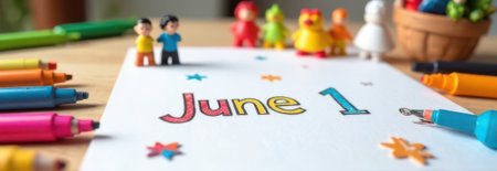 Colorful drawing saying june 1st with felt-tip pens and small toy figurines celebrating international children's day, promoting children's rights and well-beingの素材