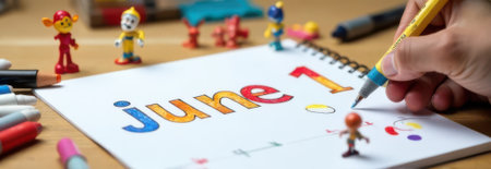 Child's hand drawing June 1st, international children's day, on a notebook with colorful crayons and toys scattered around, celebrating childhood and creativity with copy space for text or designの素材