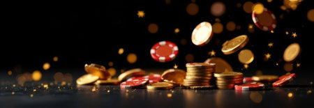 Vibrant casino chips and gold coins cascade against a dark backdrop, creating a dynamic scene perfect for gaming and gambling themes. Ideal for banners and copy space in casino promotionsの素材