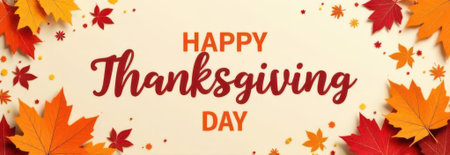 Festive thanksgiving day banner featuring vibrant autumn maple leaves creating a warm and inviting frame with ample copy space for greetings or promotional messagesの素材