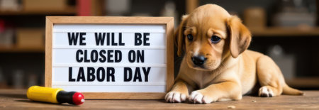 Adorable puppy lying next to a lightbox sign announcing shop closure for labor day, creating a charming notification with copy space for business communicationの素材