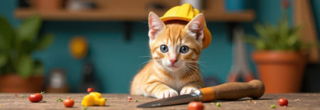 Cute ginger kitten wearing a yellow construction helmet, sitting on a wooden table with a small knife and scattered vegetables. Perfect for banners or copy space in pet or construction themesの素材
