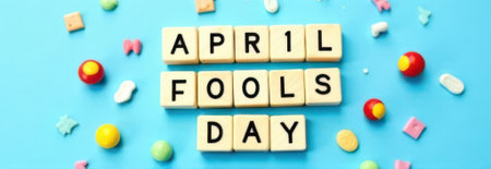 Wooden cubes composing the words april fools' day surrounded by colorful candies on a blue background provide ample copy space for festive greetings and playful announcementsの素材