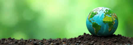 Small globe sits atop rich soil, symbolizing environmental conservation and global sustainability. The vibrant green backdrop highlights the earth's beauty and the importance of natureの素材
