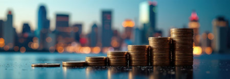 Stacks of gold coins creating an upward trend symbolize growing profits and financial success against a blurred cityscape at dusk, highlighting economic growth and investment opportunitiesの素材