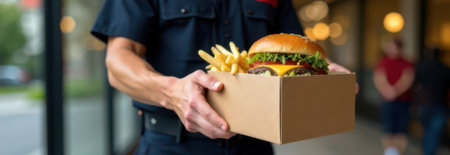Police officer wearing dark blue uniform holding a cardboard box containing a burger with lettuce, tomato, cheese, and French fries, providing food delivery serviceの素材